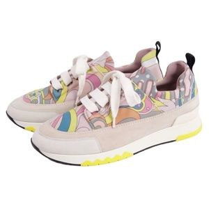HERMES Canvas Suede Goatskin Womens Stadium Sneakers 37.5 Bleu Multicolor